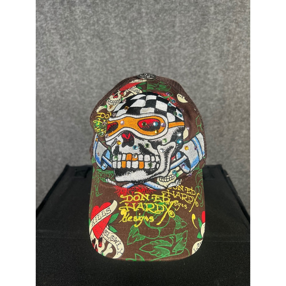 Vintage Don Ed Hardy Skull Rhinestone Trucker Hat Brown Mesh Snapback Cap